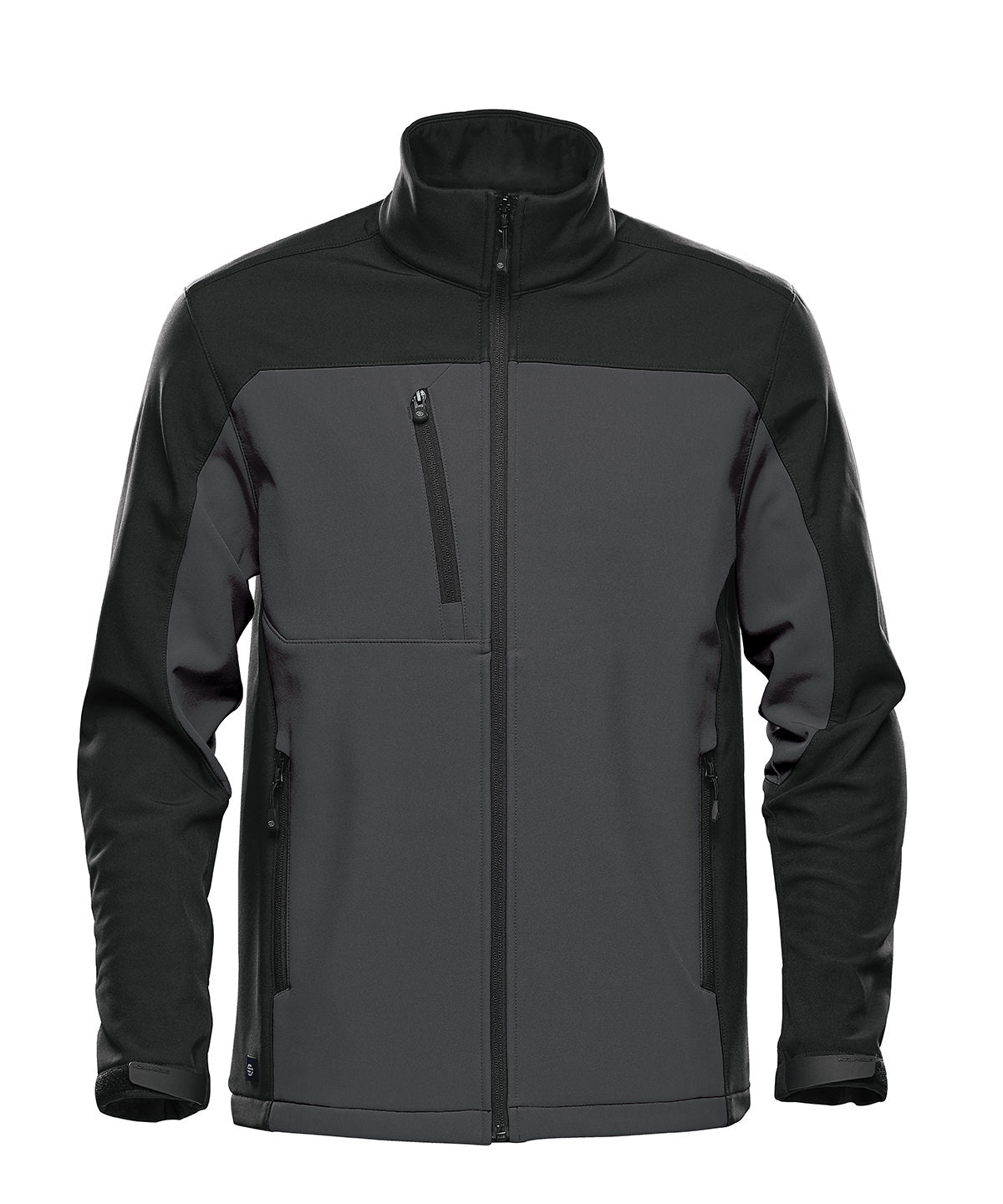 Stormtech Cascades softshell in Dolphin/Black, front view