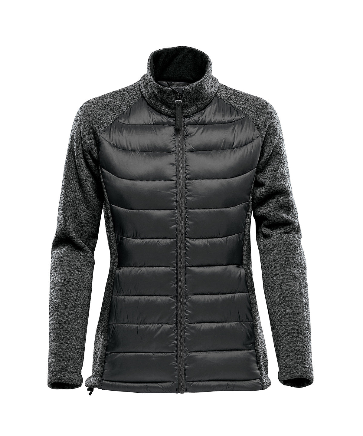 Stormtech Women’s Narvik hybrid jacket in Black/Dolphin Heather, front view