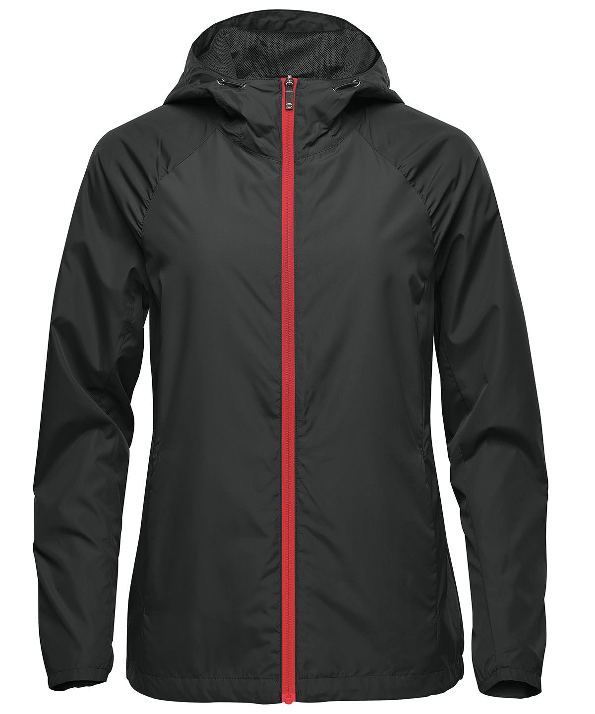 Stormtech Women’s Pacifica lightweight jacket in Black/Red, front view