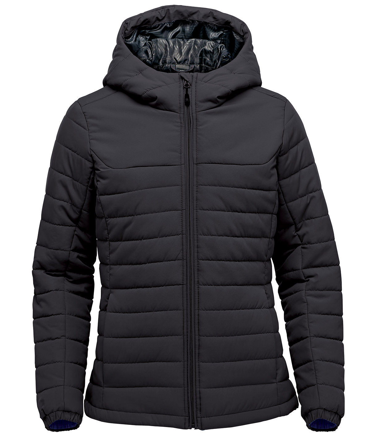 Stormtech Women’s Nautilus quilted hooded jacket in Black, front view