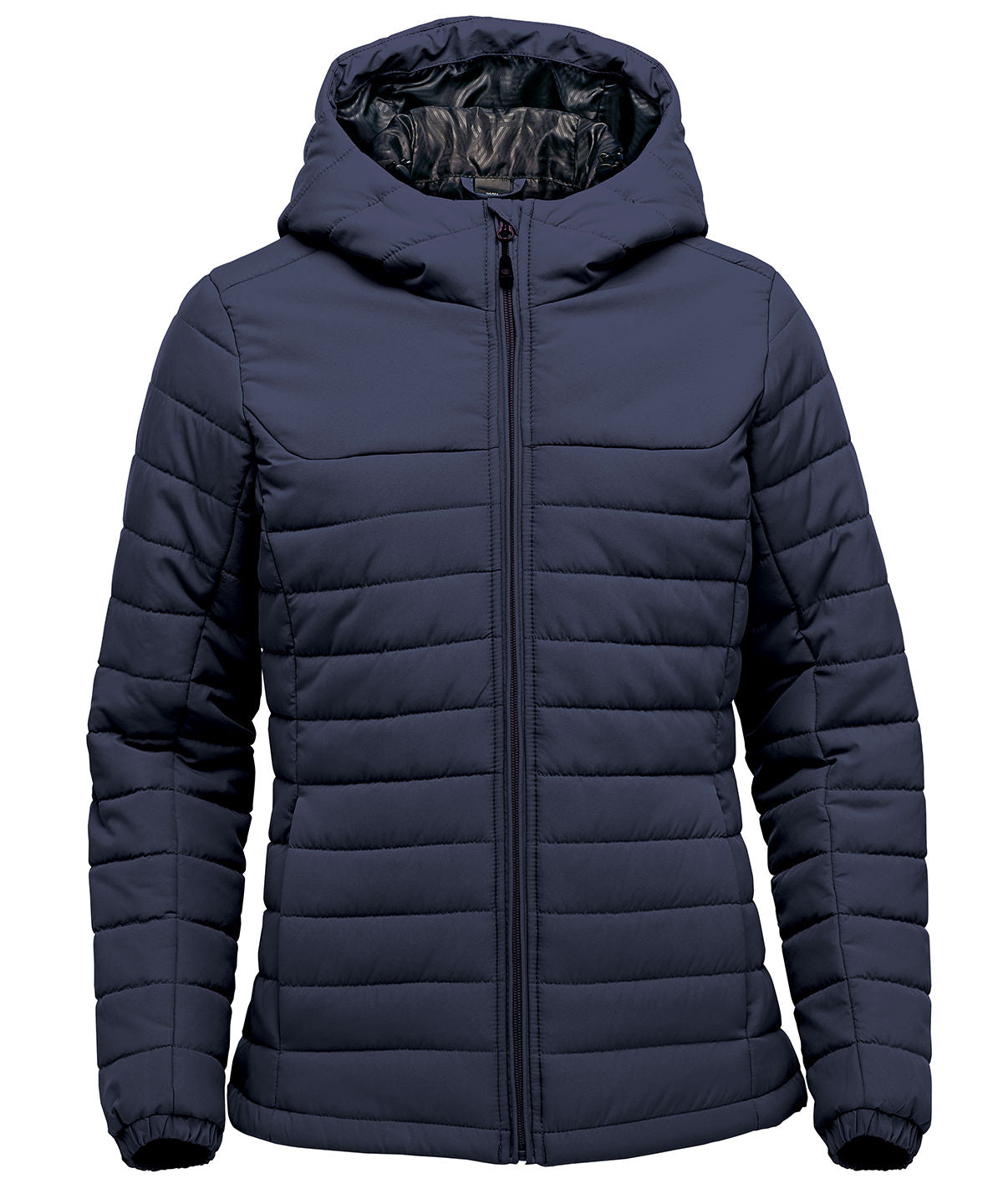 Stormtech Women’s Nautilus quilted hooded jacket in Navy, front view