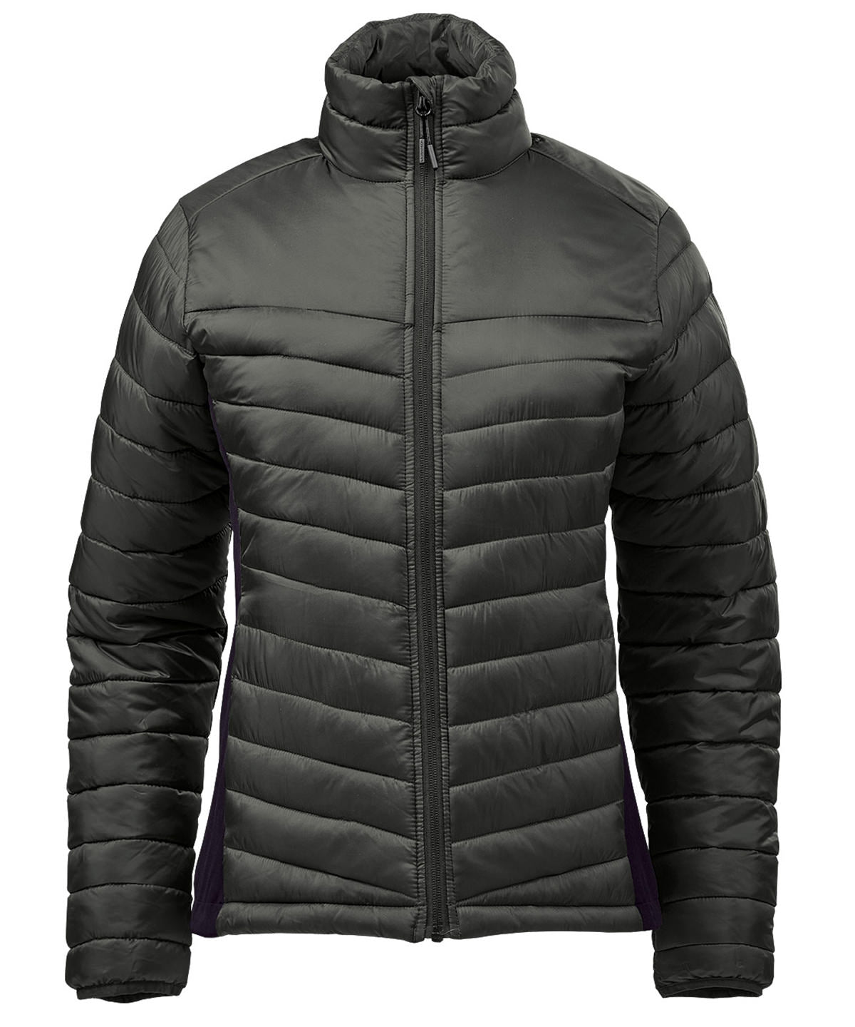 Stormtech Women’s Montserrat thermal jacket in Granite/Black, front view