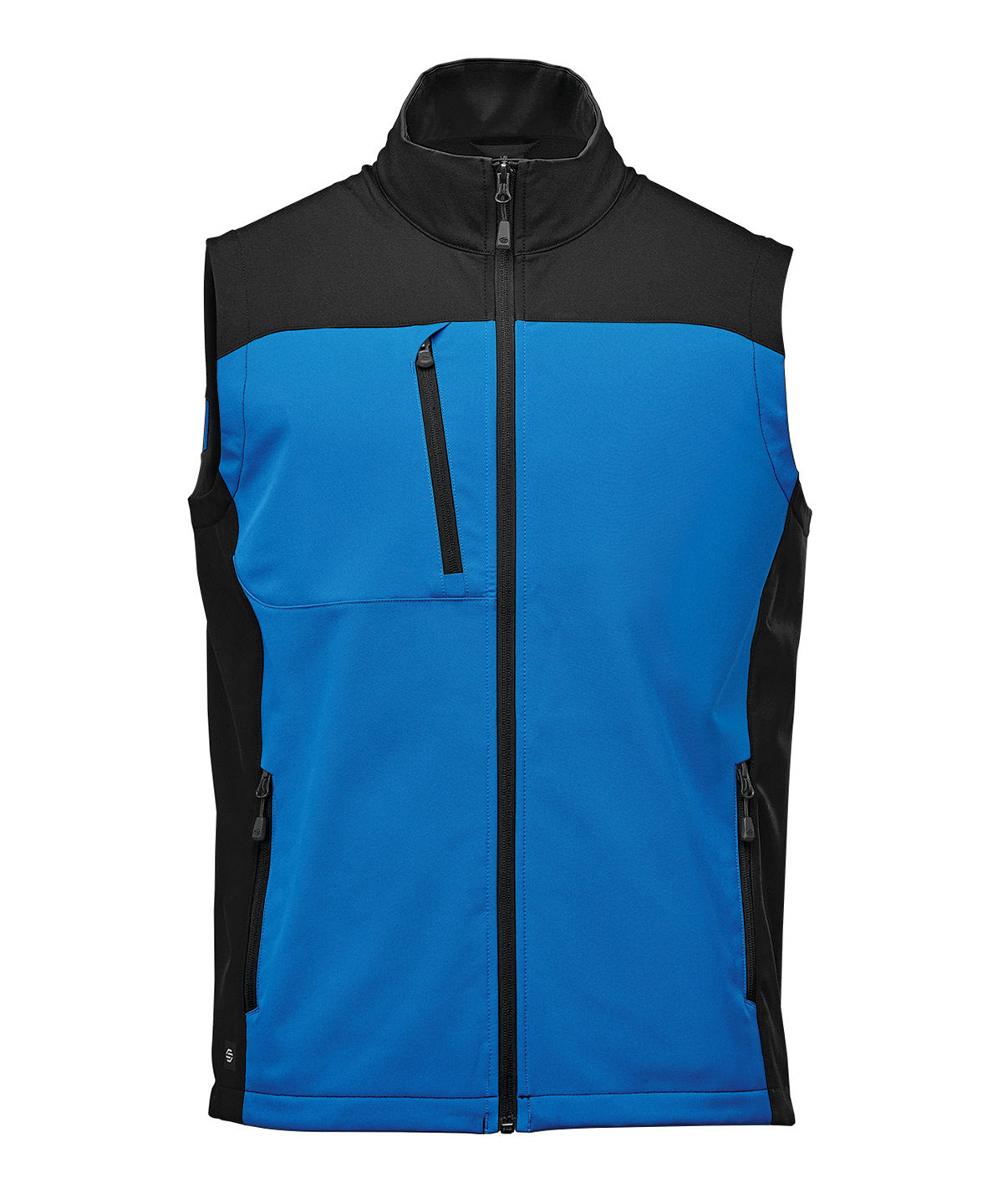 Stormtech Cascades softshell vest in Azure Blue/Black, front view