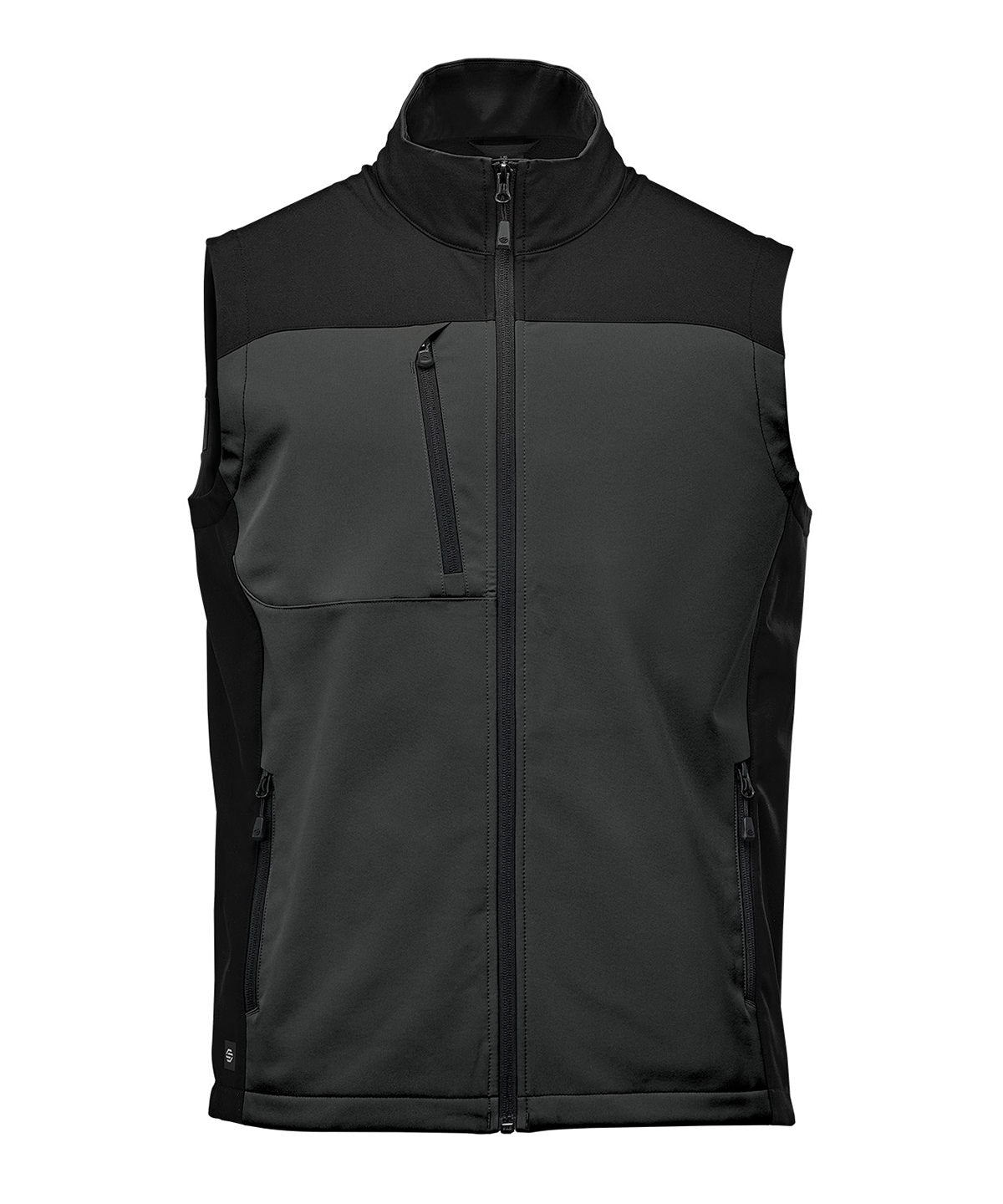 Stormtech Cascades softshell vest in Dolphin/Black, front view