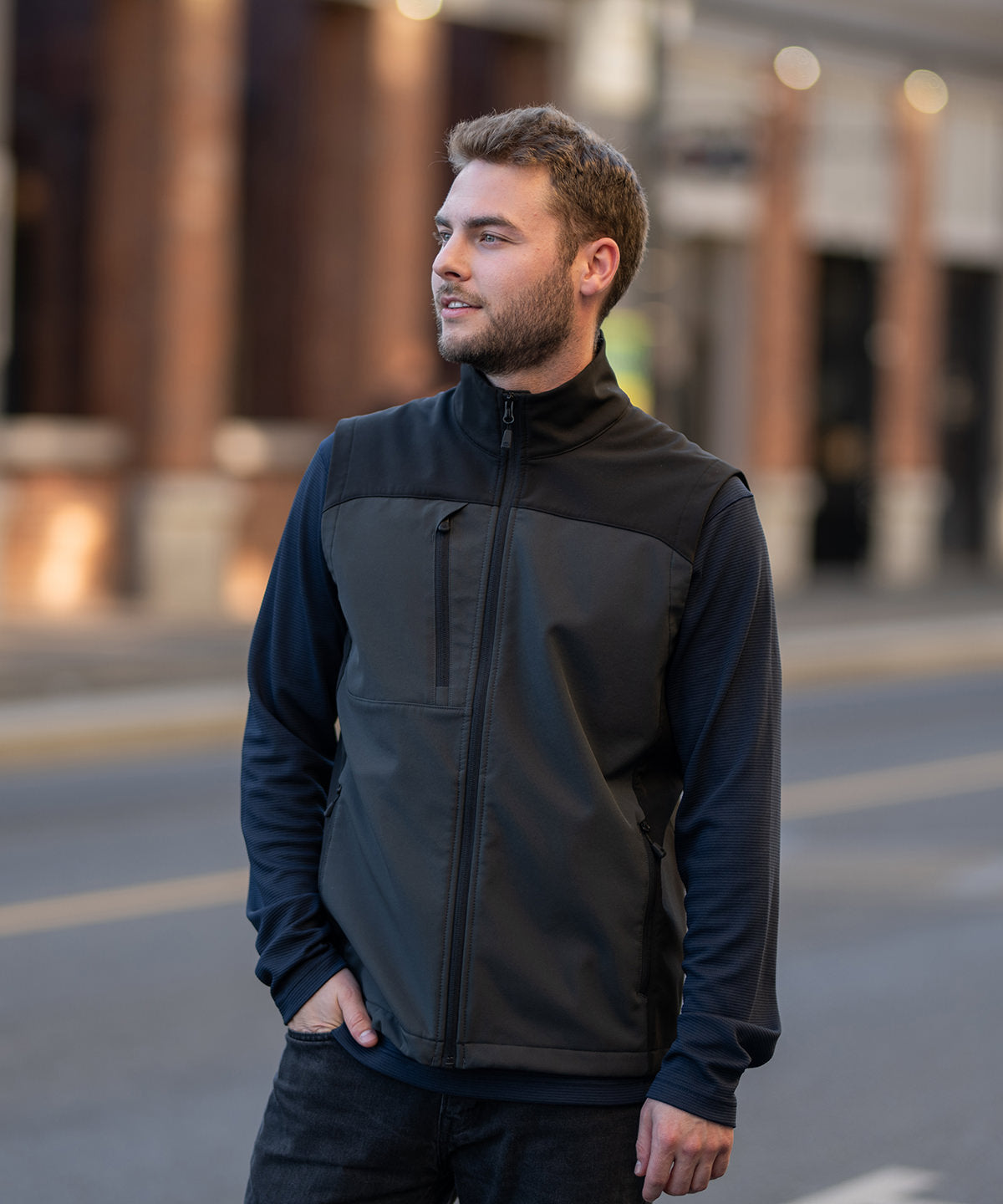 Stormtech Cascades softshell vest, lifestyle photo
