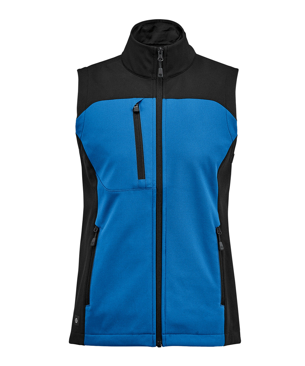 Stormtech Women’s Cascades softshell vest in Azure Blue/Black, front view