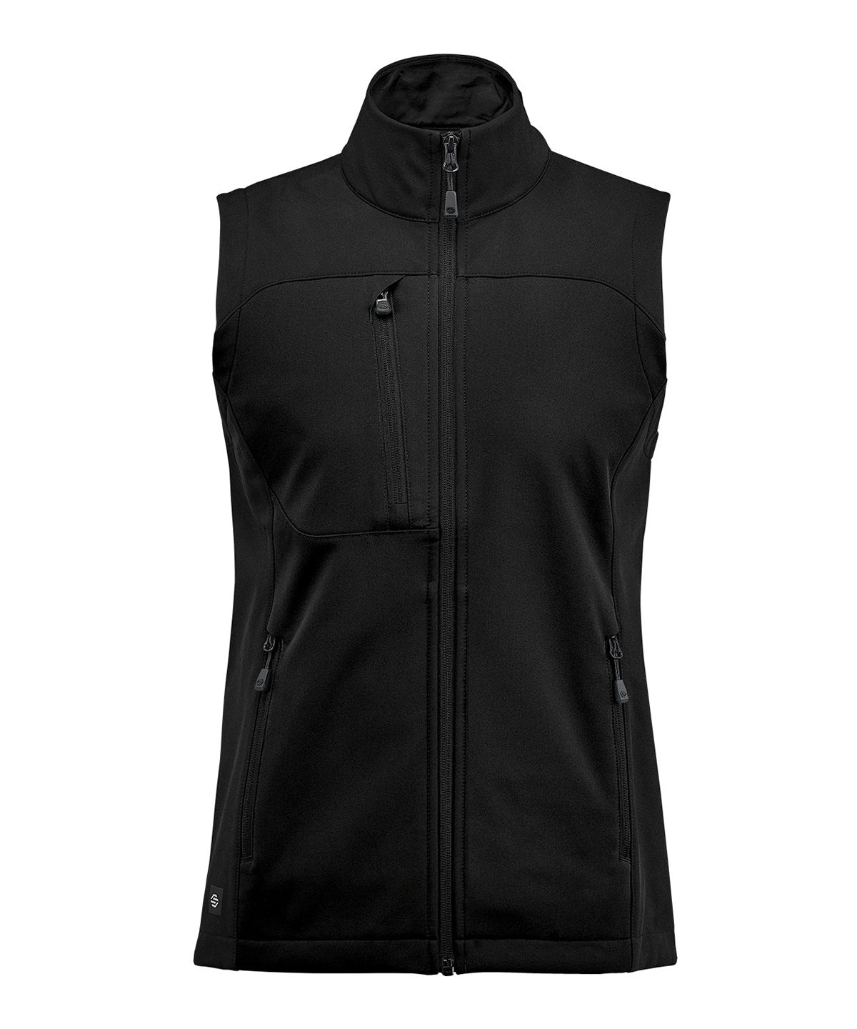 Stormtech Women’s Cascades softshell vest in Black/Black, front view