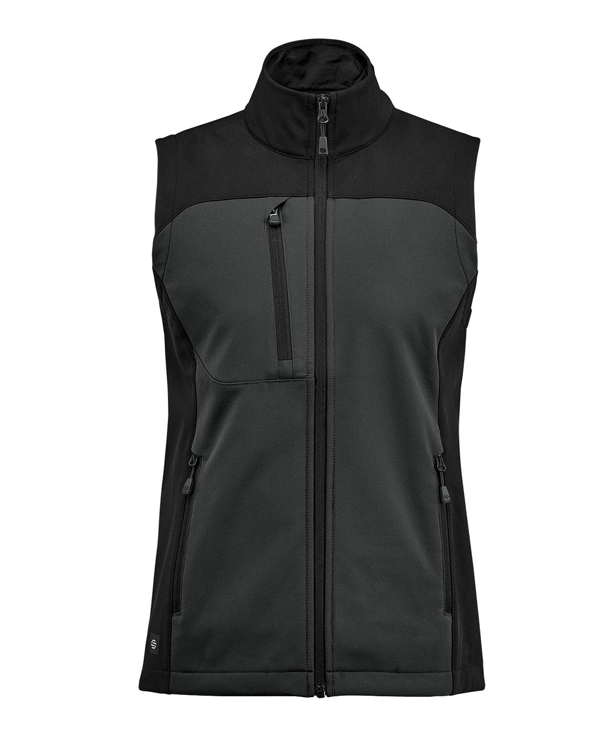 Stormtech Women’s Cascades softshell vest in Dolphin/Black, front view
