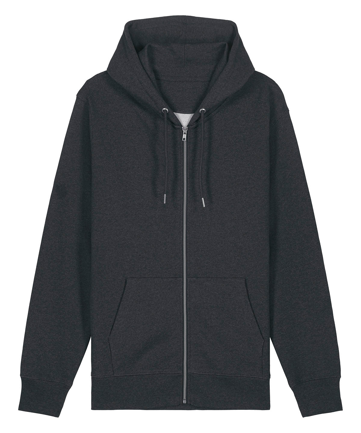 Stanley/Stella Unisex Cultivator 2.0 iconic zip-thru hoodie sweatshirt in Dark Heather Grey, front view