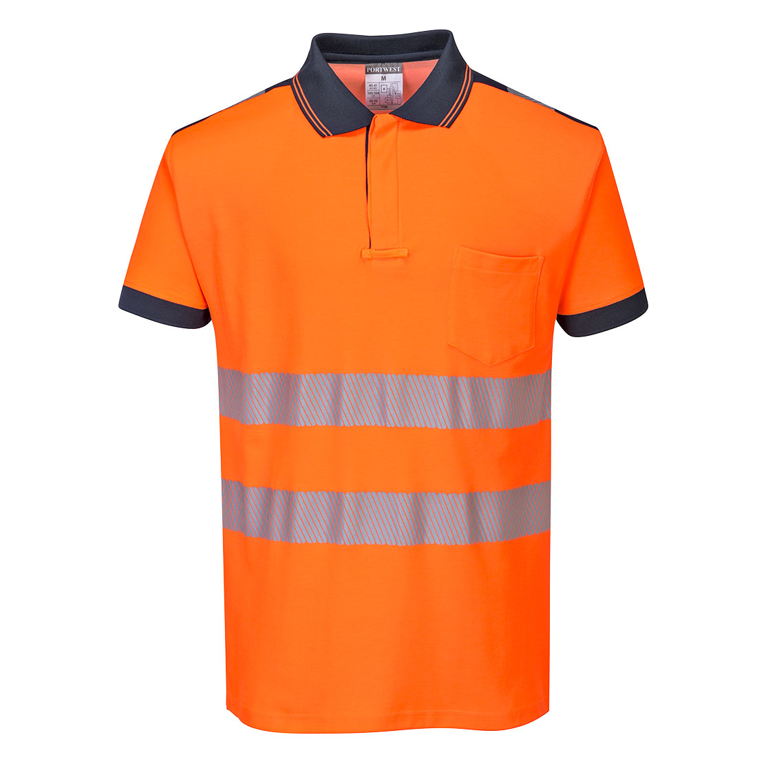 Portwest PW3 Hi-Vis Cotton Comfort Polo Shirt S/S in Orange/Navy, image 2