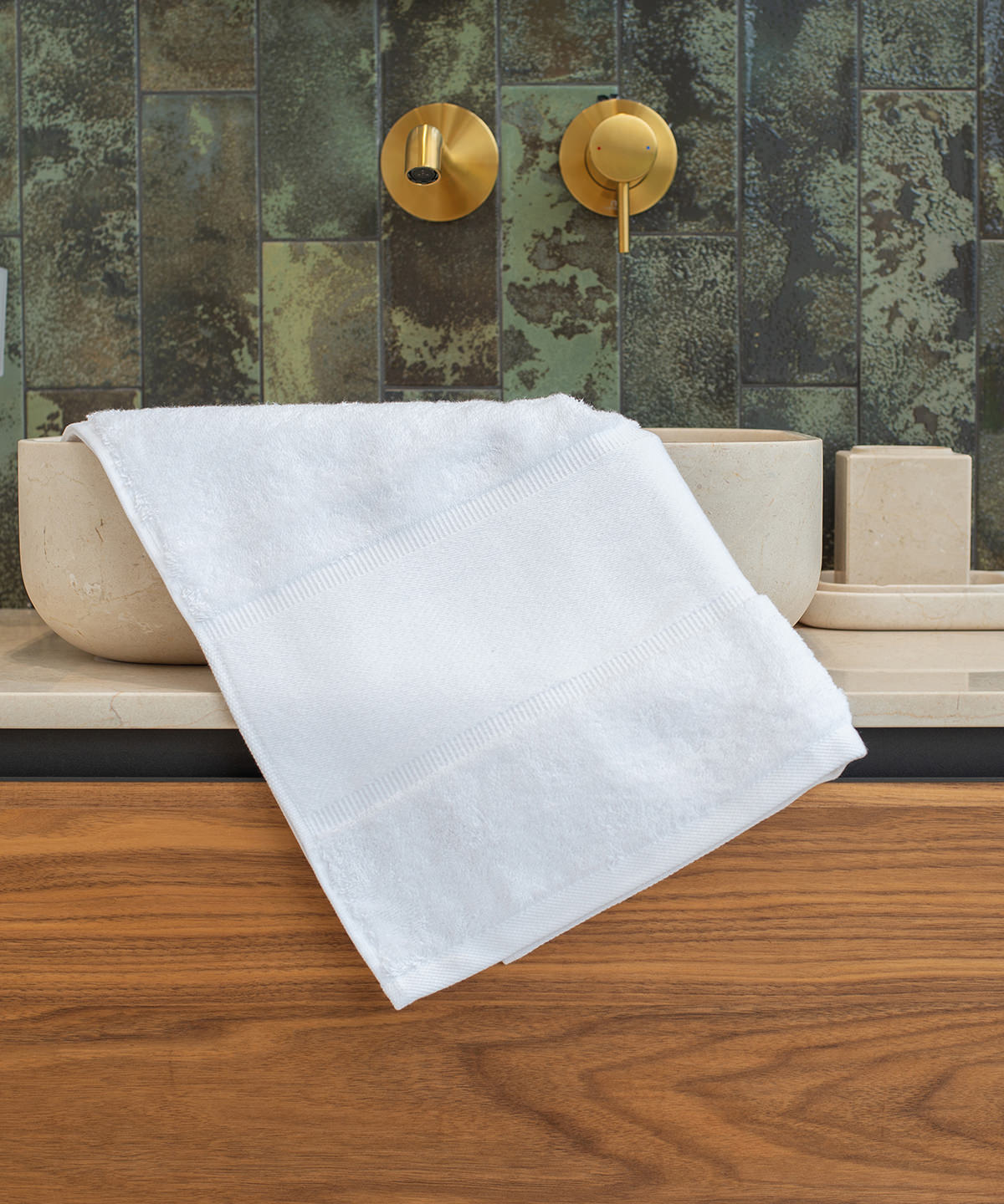 Towel City Organic hand towel with printable border in White, lifestyle photo