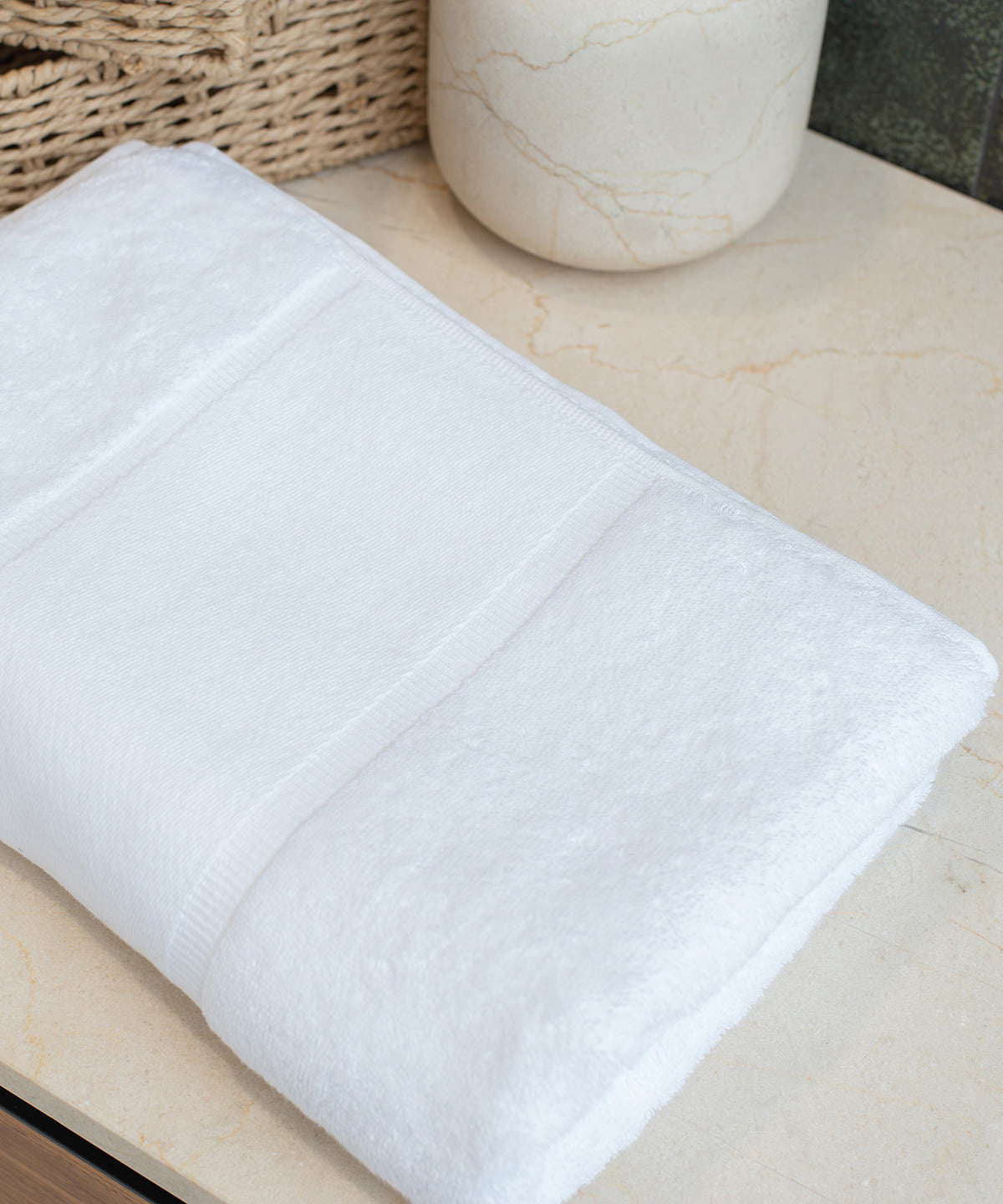 Towel City Organic bath towel with printable border in White, lifestyle photo