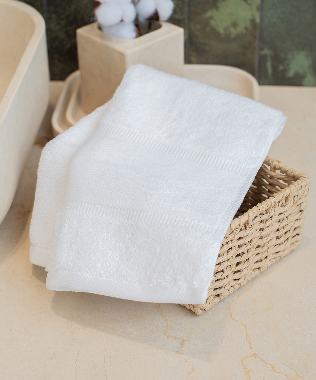 Towel City Organic guest towel with printable border in White, lifestyle photo