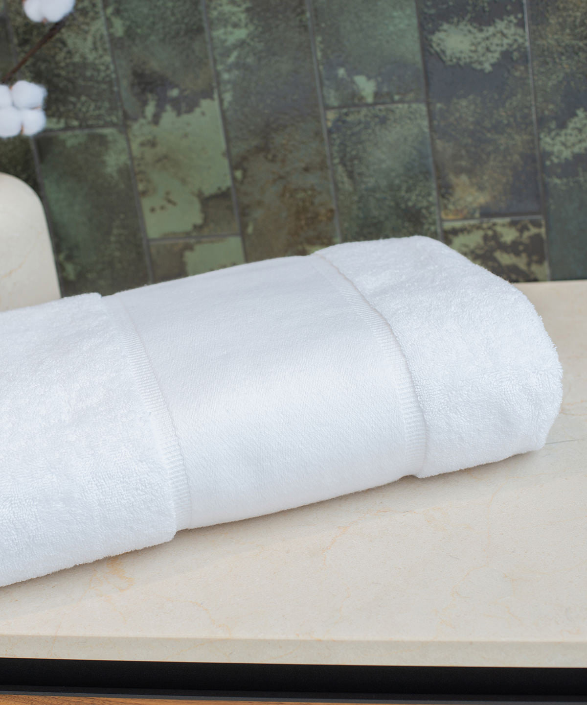 Towel City Organic bath sheet with printable border in White, lifestyle photo