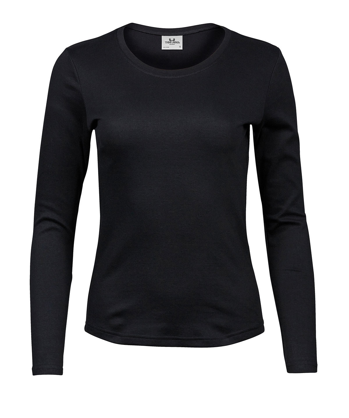 Tee Jays Women’s long sleeve interlock tee in Black, front view