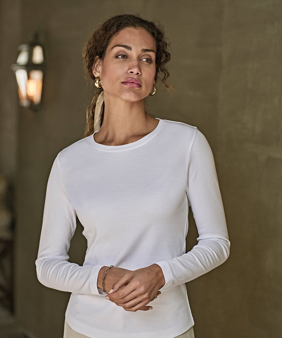 Tee Jays Women’s long sleeve interlock tee, lifestyle photo