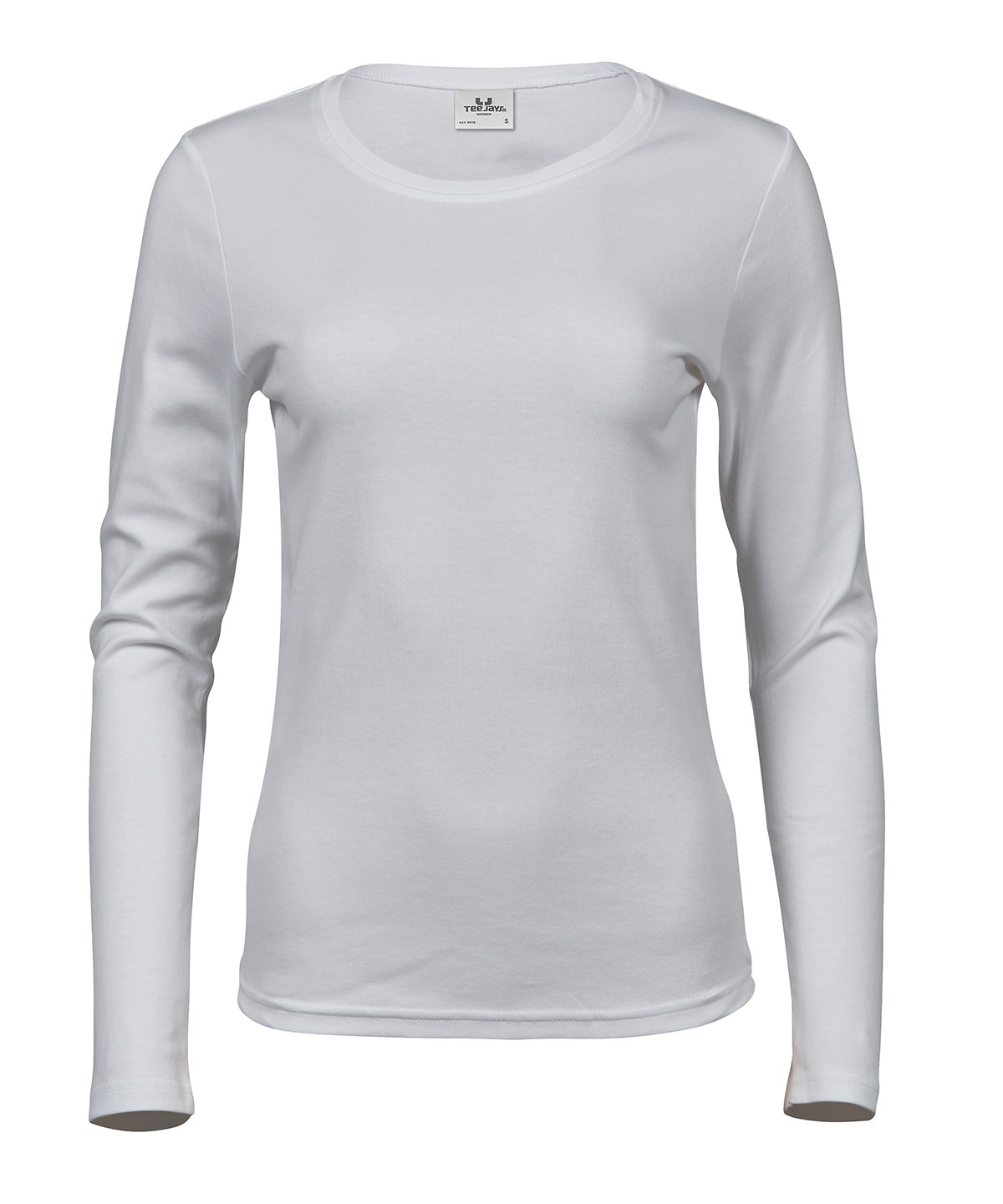 Tee Jays Women’s long sleeve interlock tee in White, front view