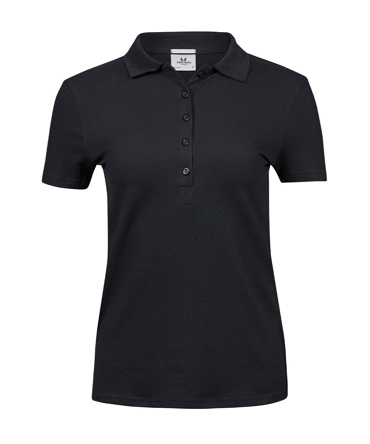 Tee Jays Women’s luxury stretch polo in Black, front view