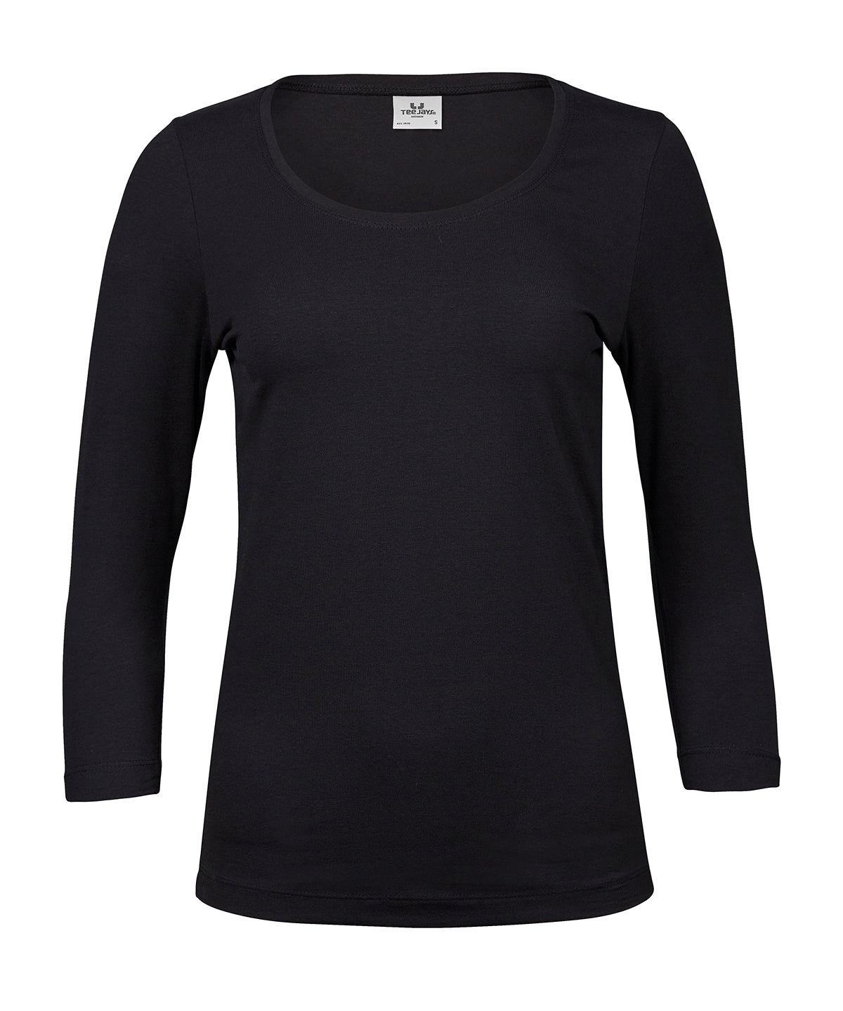 Tee Jays Women’s stretch 3/4-sleeve tee in Black, front view