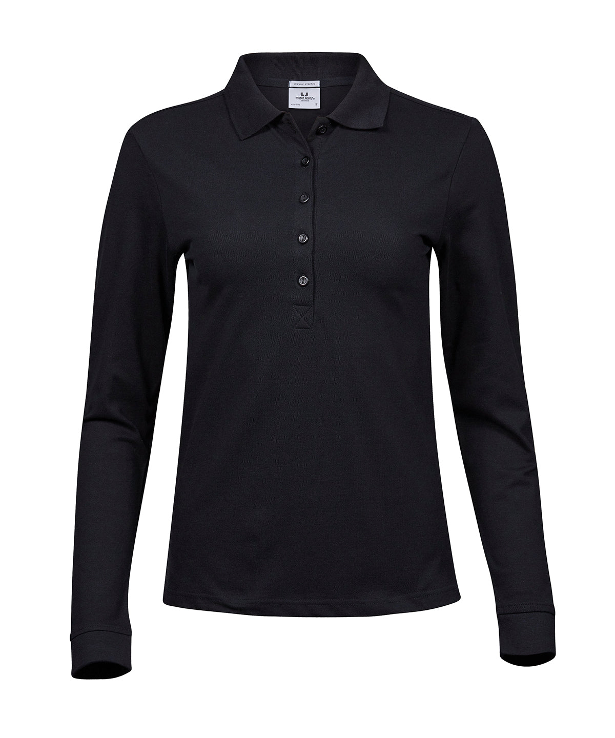 Tee Jays Women’s luxury stretch long sleeve polo in Black, front view