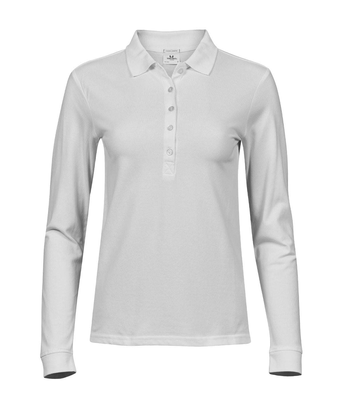 Tee Jays Women’s luxury stretch long sleeve polo in White, front view