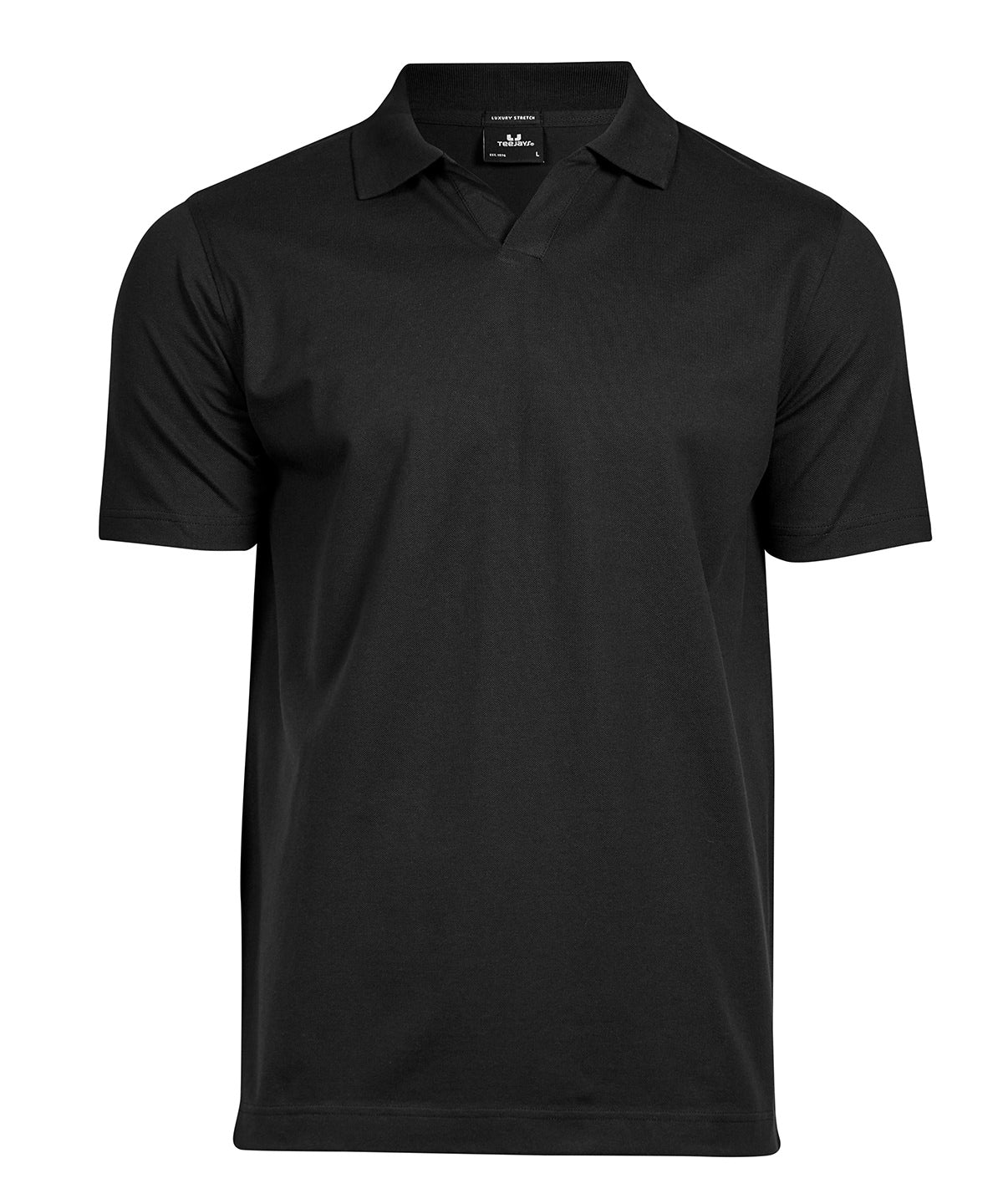 Tee Jays Luxury stretch v-neck polo in Black, front view