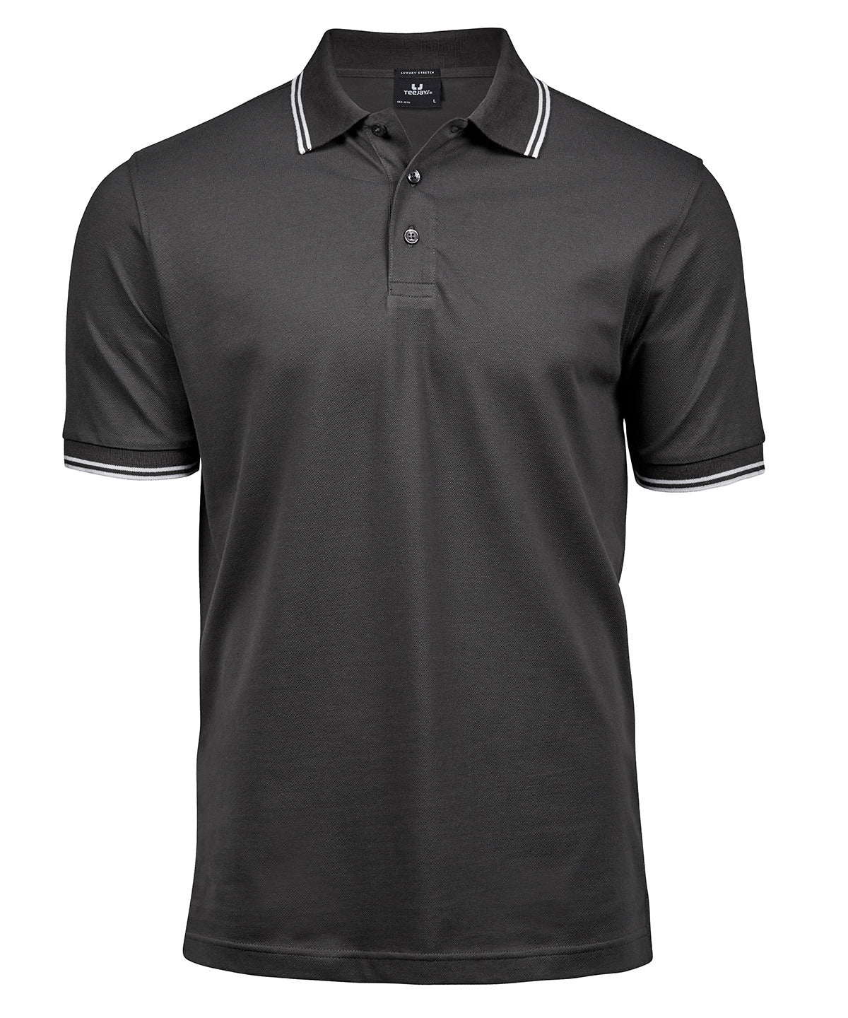 Tee Jays Luxury stripe stretch polo in Dark Grey/White, front view
