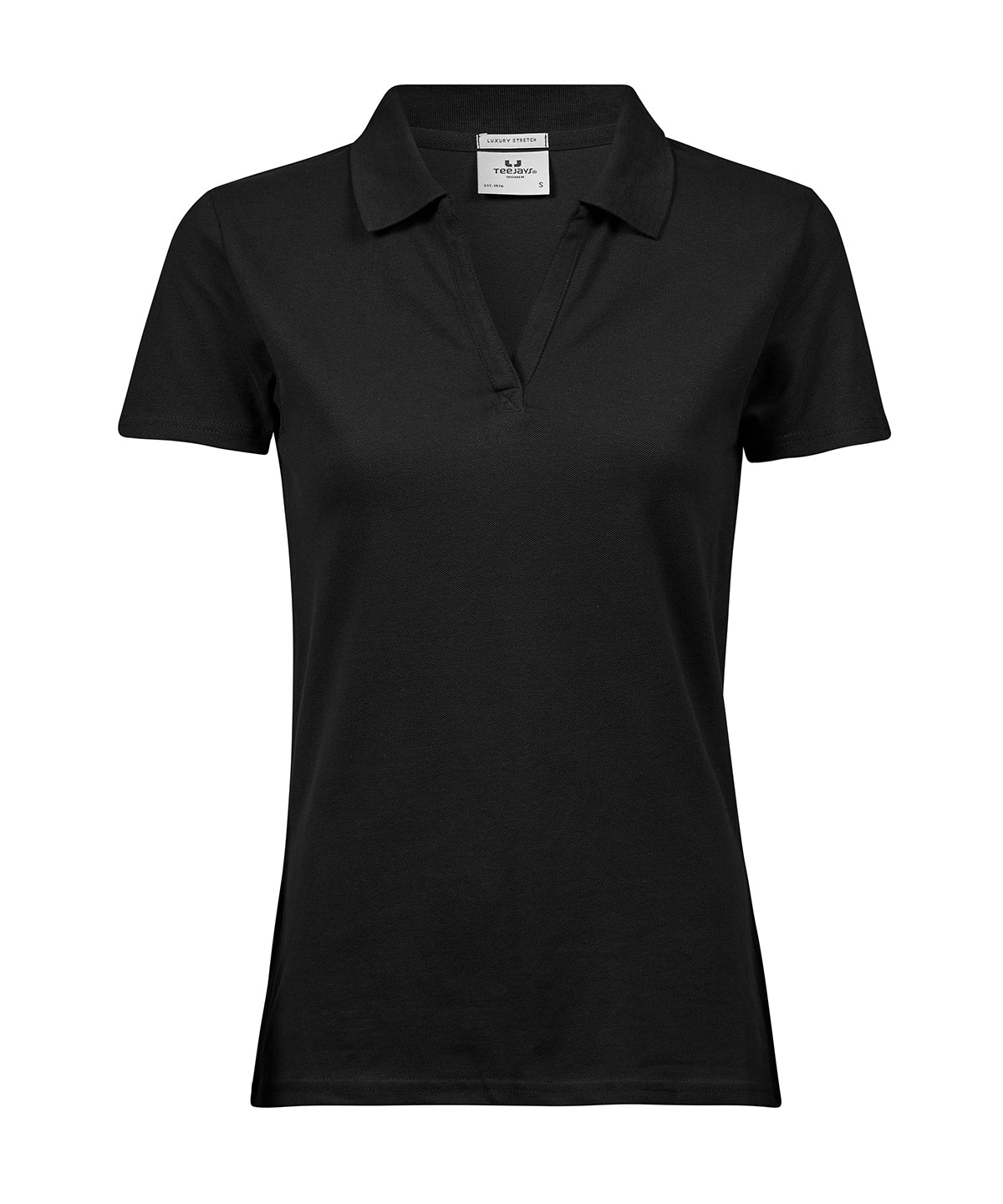 Tee Jays Women’s luxury stretch v-neck polo in Black, front view