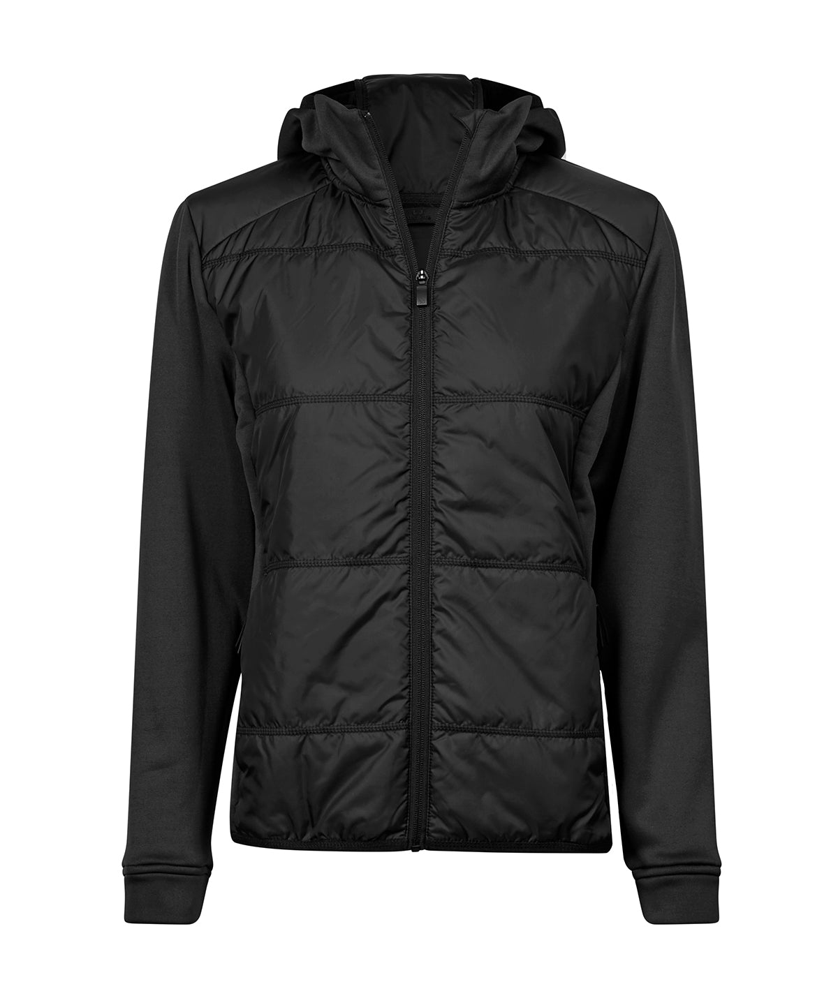 Tee Jays Women’s hybrid-stretch hooded jacket in Black/Black, front view