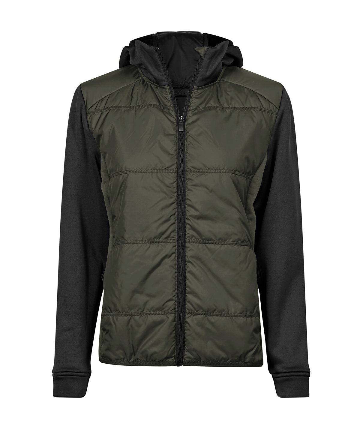 Tee Jays Women’s hybrid-stretch hooded jacket in Deep Green/Black, front view
