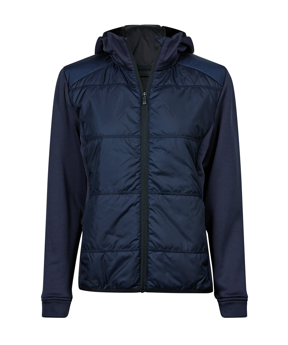 Tee Jays Women’s hybrid-stretch hooded jacket in Navy/Navy, front view