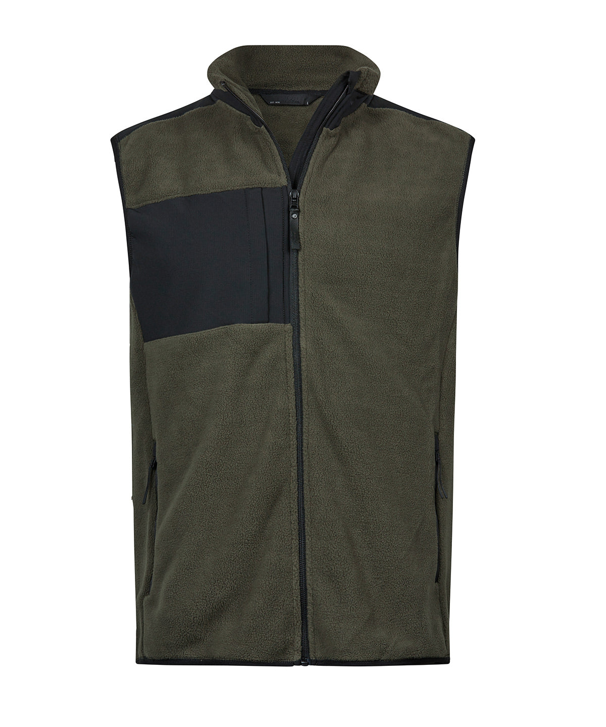 Tee Jays Mountain fleece bodywarmer in Deep Green/Black, front view