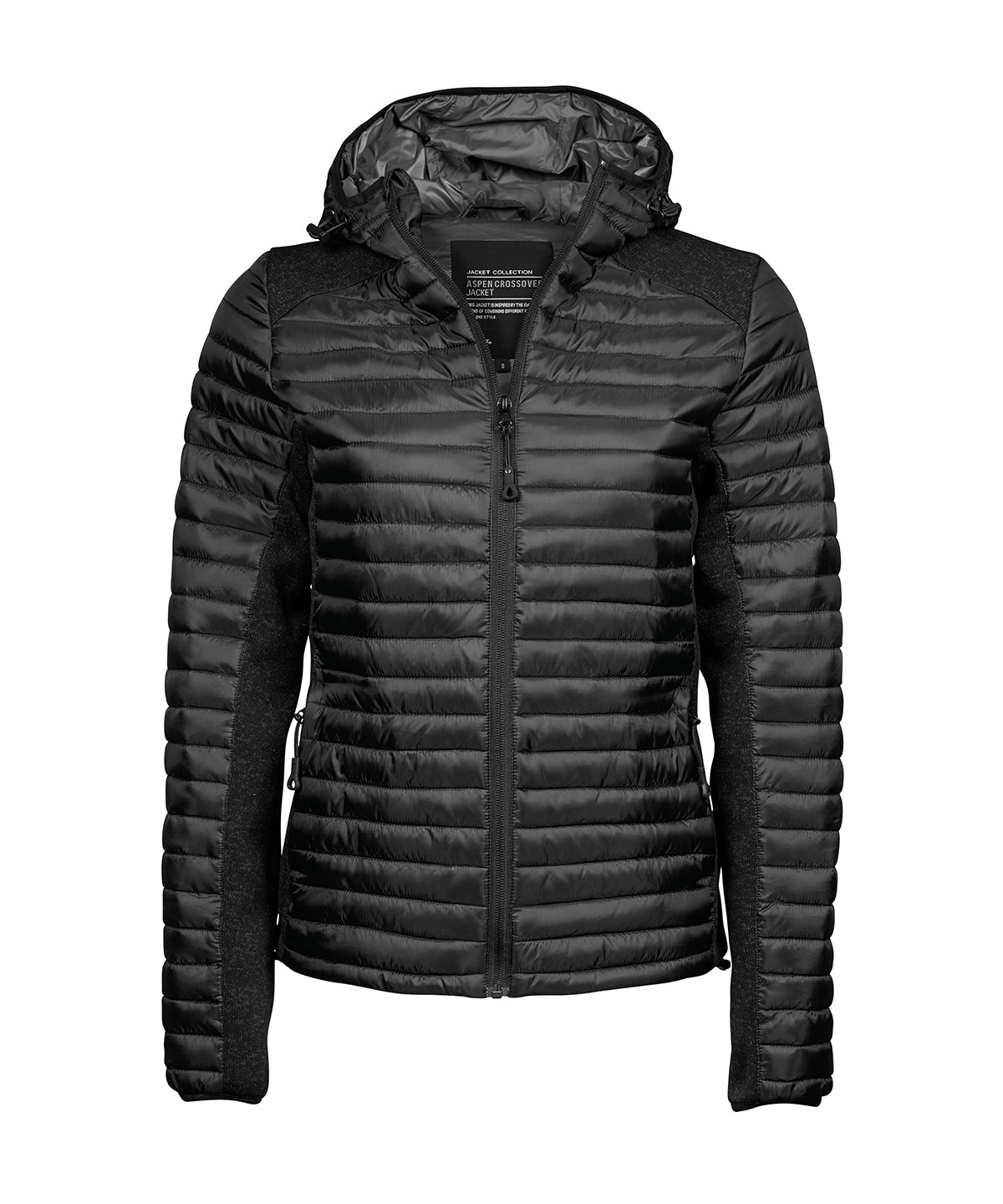 Tee Jays Women’s hooded outdoor crossover in Black/Black Melange, front view