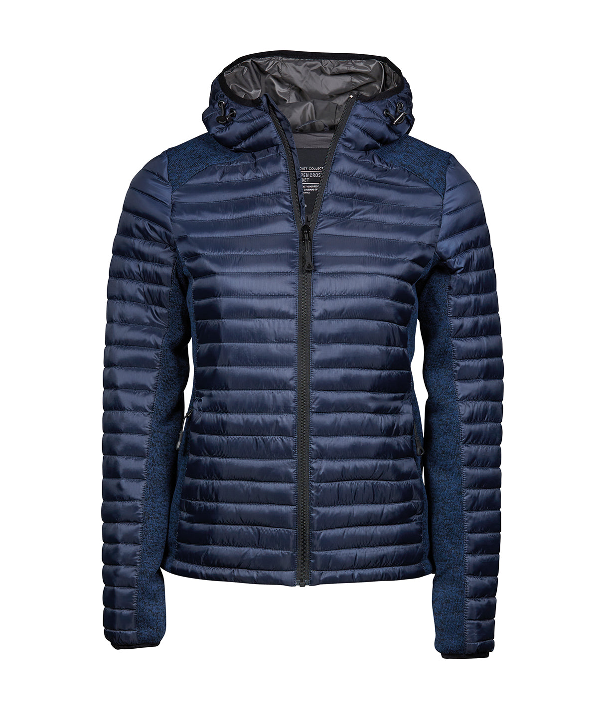 Tee Jays Women’s hooded outdoor crossover in Navy/Navy Melange, front view