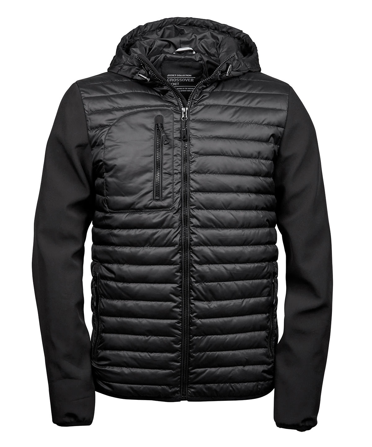 Tee Jays Hooded crossover jacket in Black/Black, front view
