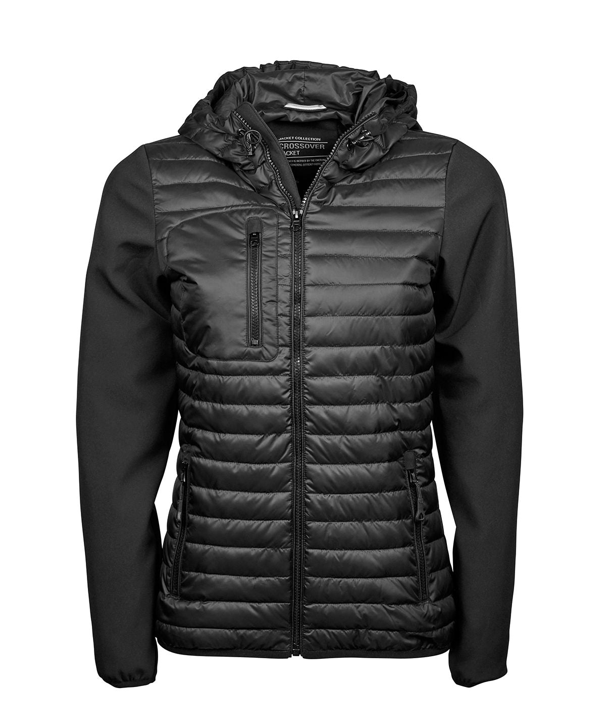 Tee Jays Women’s hooded crossover jacket in Black/Black, front view