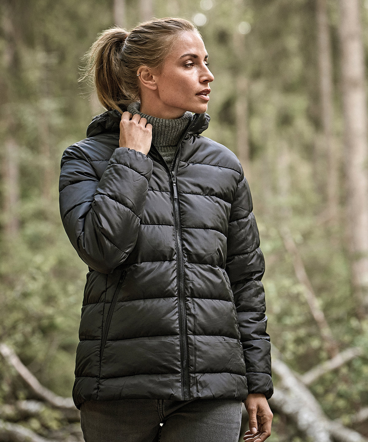 Tee Jays Women’s lite hooded jacket in Black, lifestyle photo