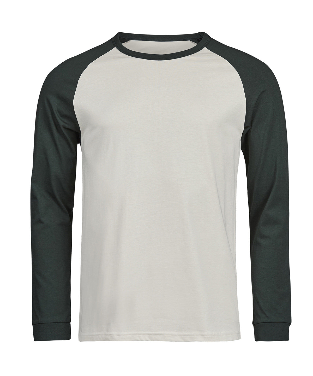 Tee Jays UNLABELED baseball tee in Cement/Dark Green, front view