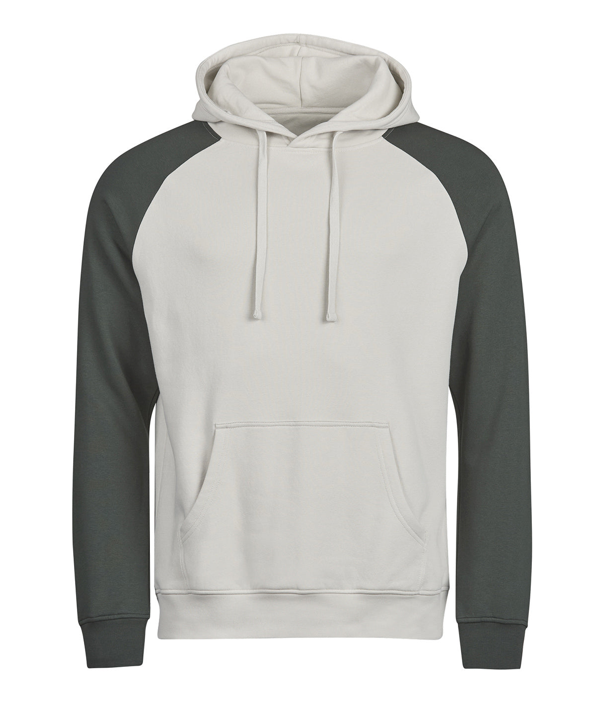 Tee Jays UNLABELED two-tone hooded sweatshirt in Cement/Dark Green, front view