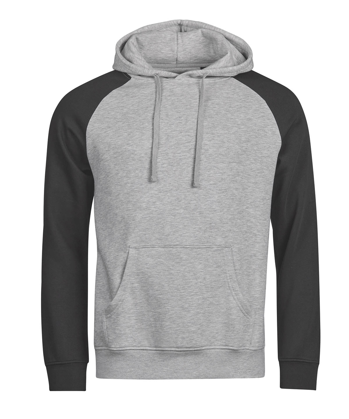 Tee Jays UNLABELED two-tone hooded sweatshirt in Heather Grey/Black, front view