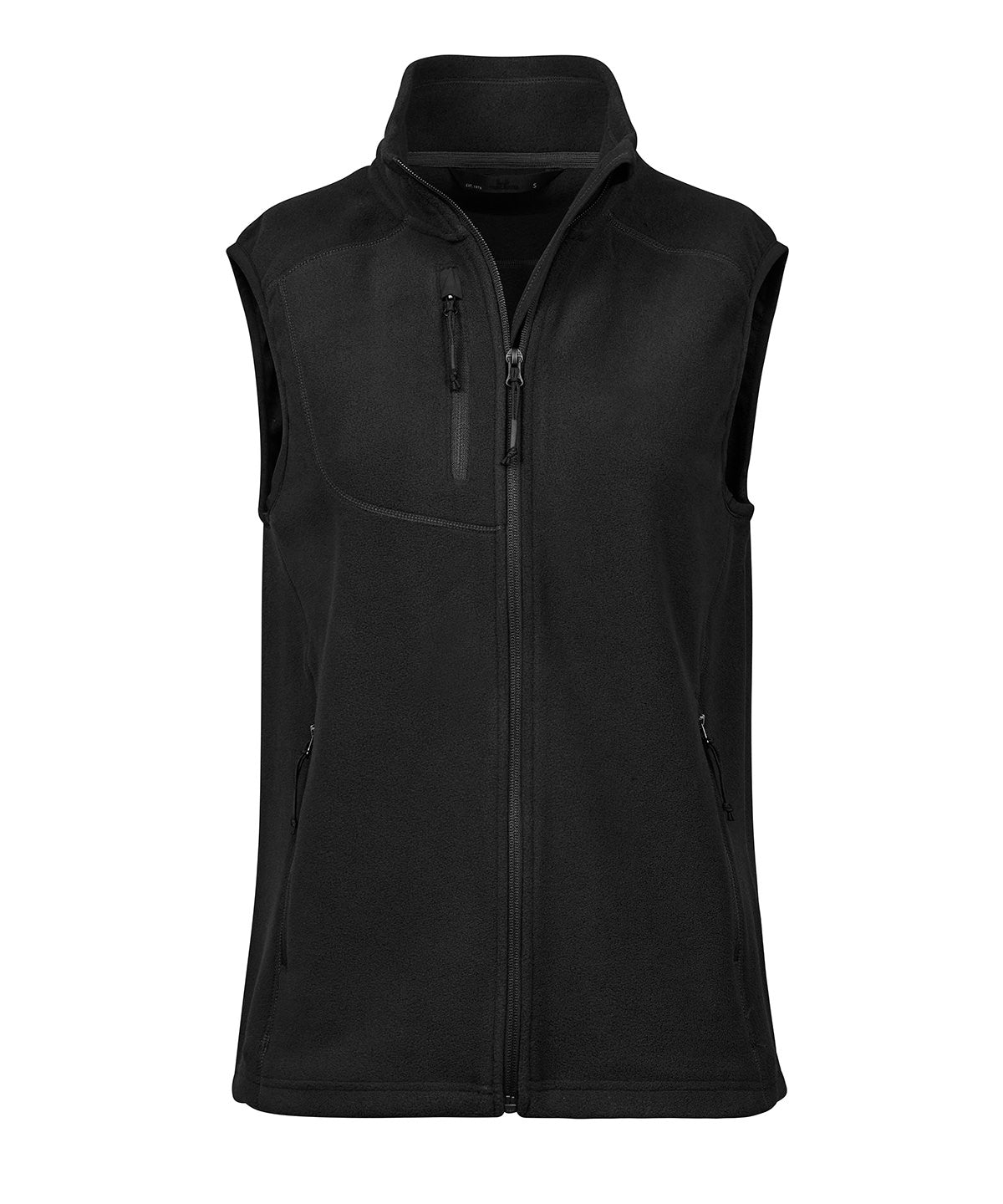 Tee Jays Women’s trail fleece bodywarmer in Black, front view