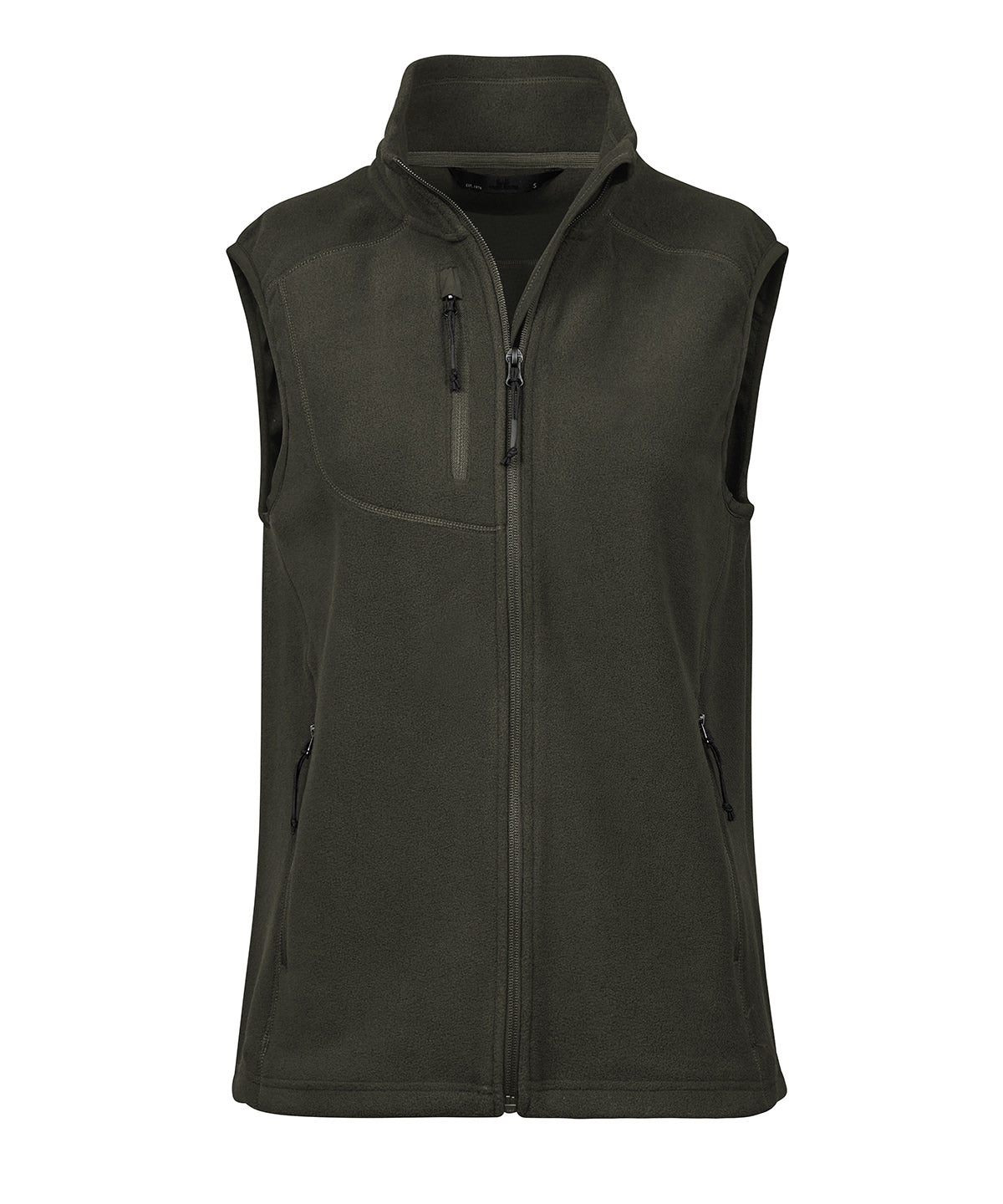 Tee Jays Women’s trail fleece bodywarmer in Hunter Green, front view