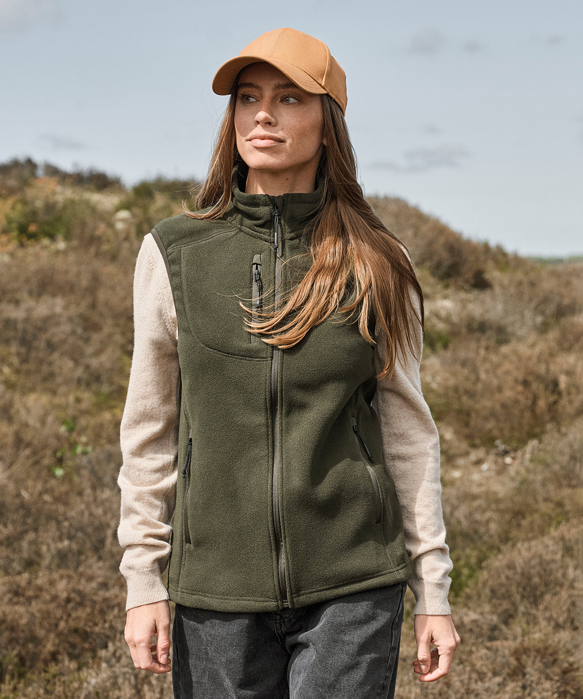 Tee Jays Women’s trail fleece bodywarmer, lifestyle photo