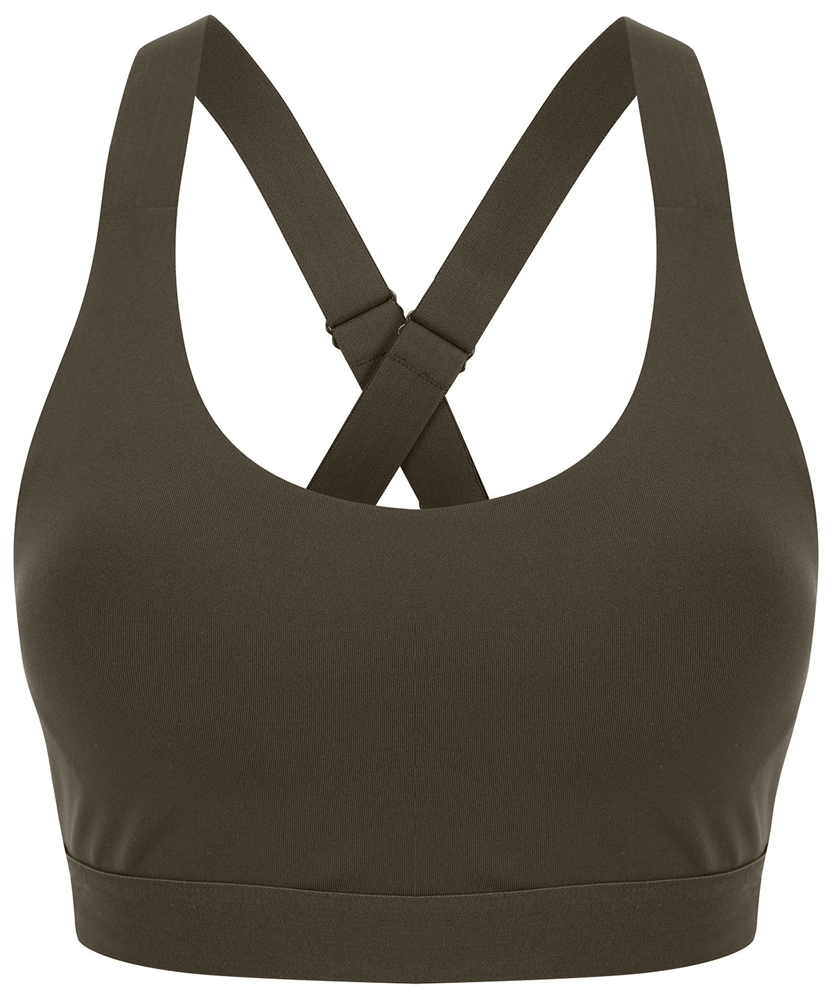 Tombo Medium impact core bra in Olive Green, front view