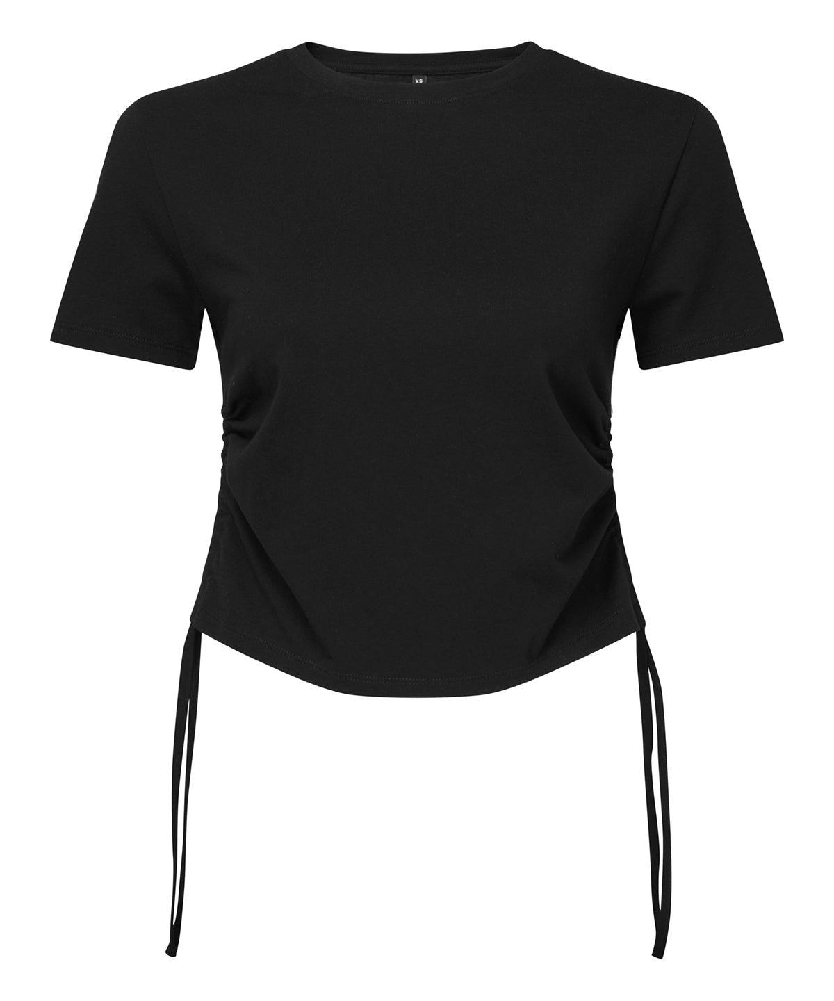 TriDri Women's ruched crop top in Black, front view