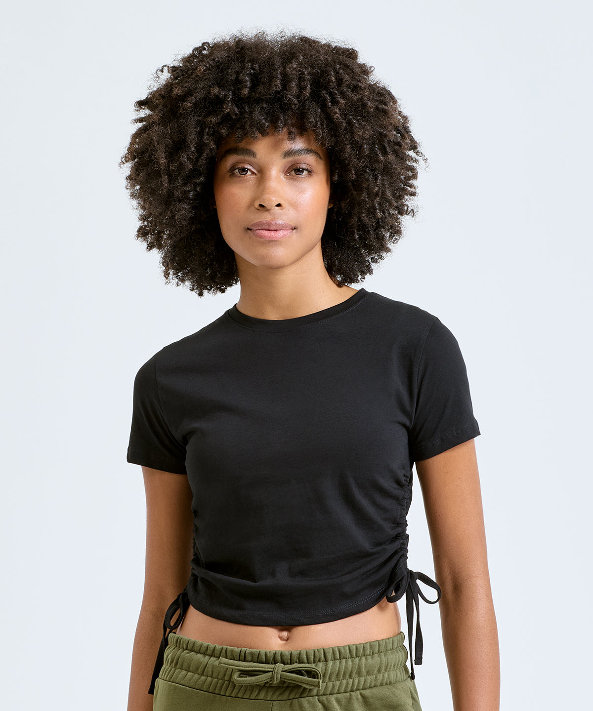 TriDri Women's ruched crop top, lifestyle photo