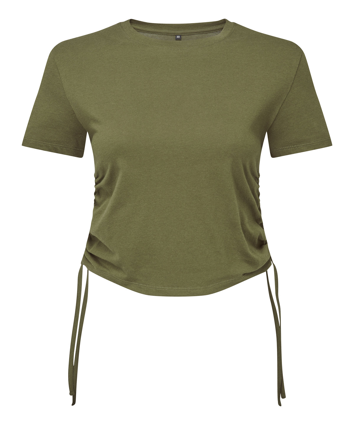 TriDri Women's ruched crop top in Olive, front view