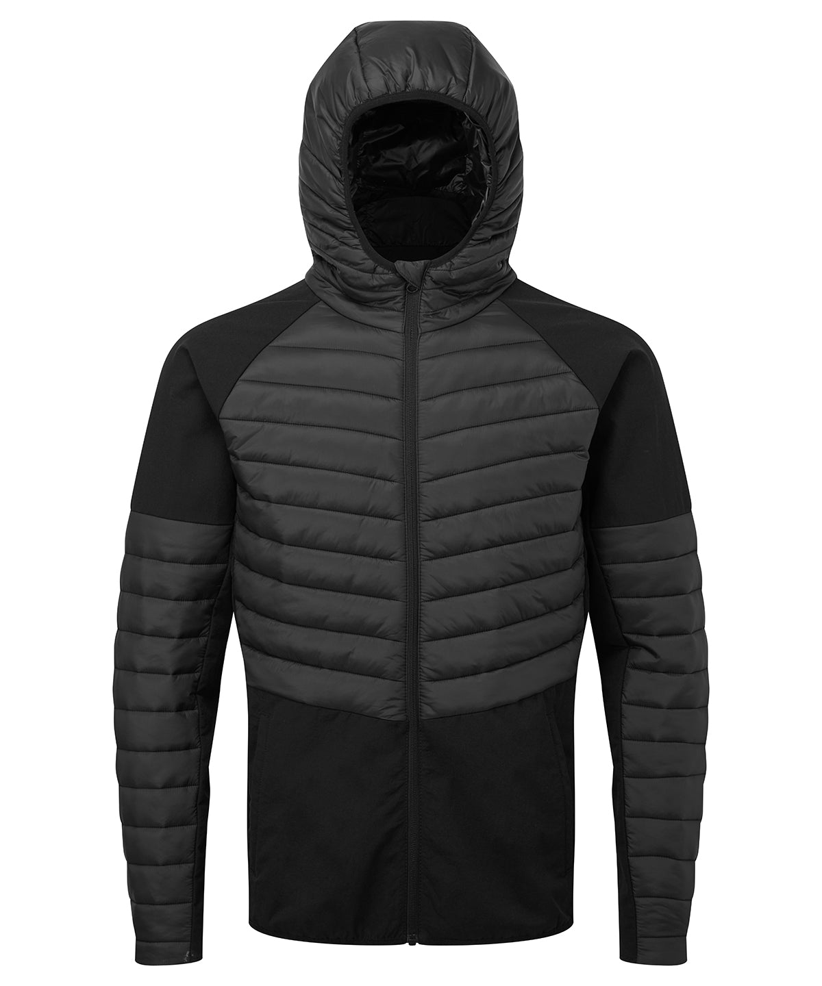 TriDri Men's insulated hybrid jacket in Black, front view
