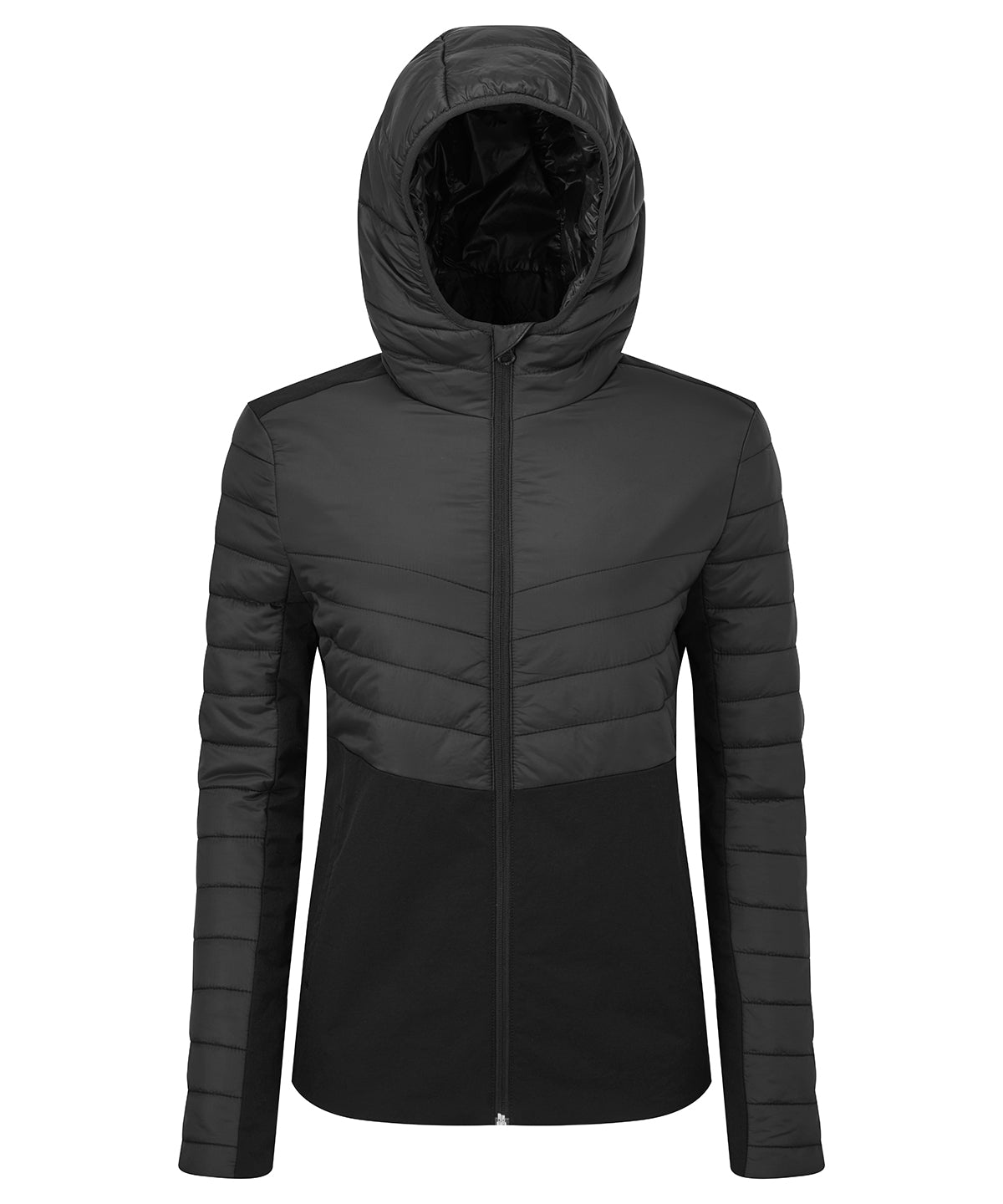 TriDri Women's insulated hybrid jacket in Black, front view
