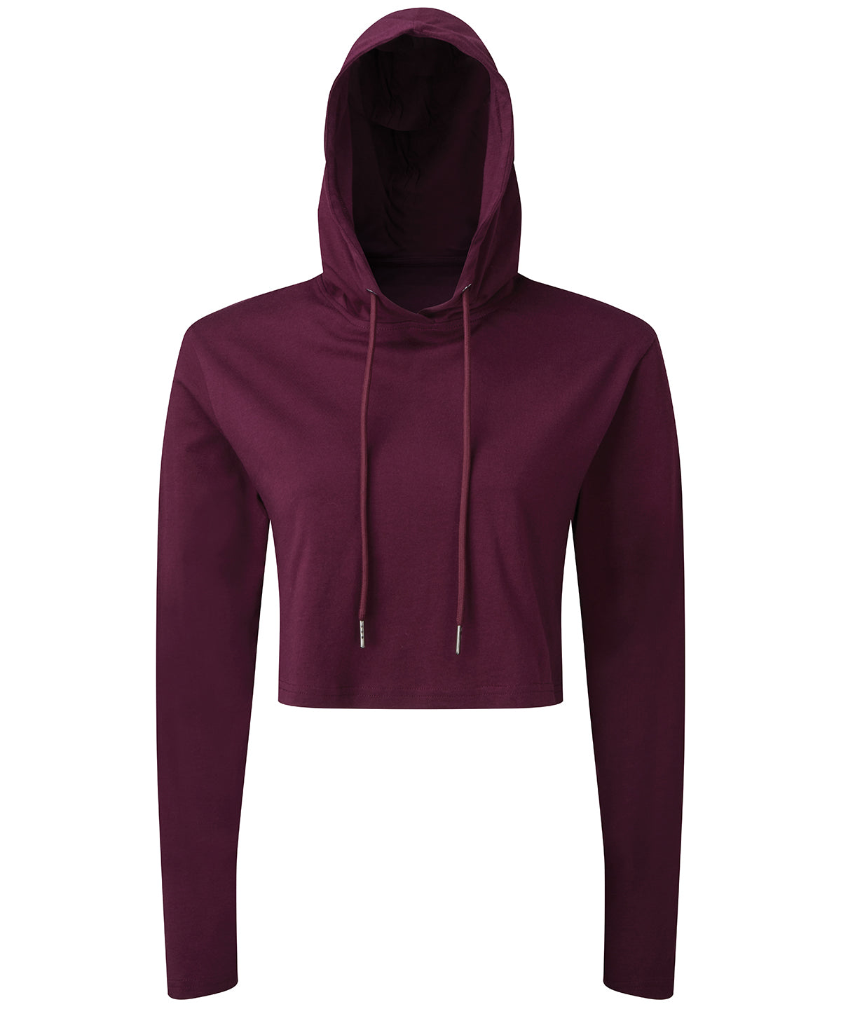 TriDri Women's cropped hooded long sleeve t-shirt in Mulberry, front view